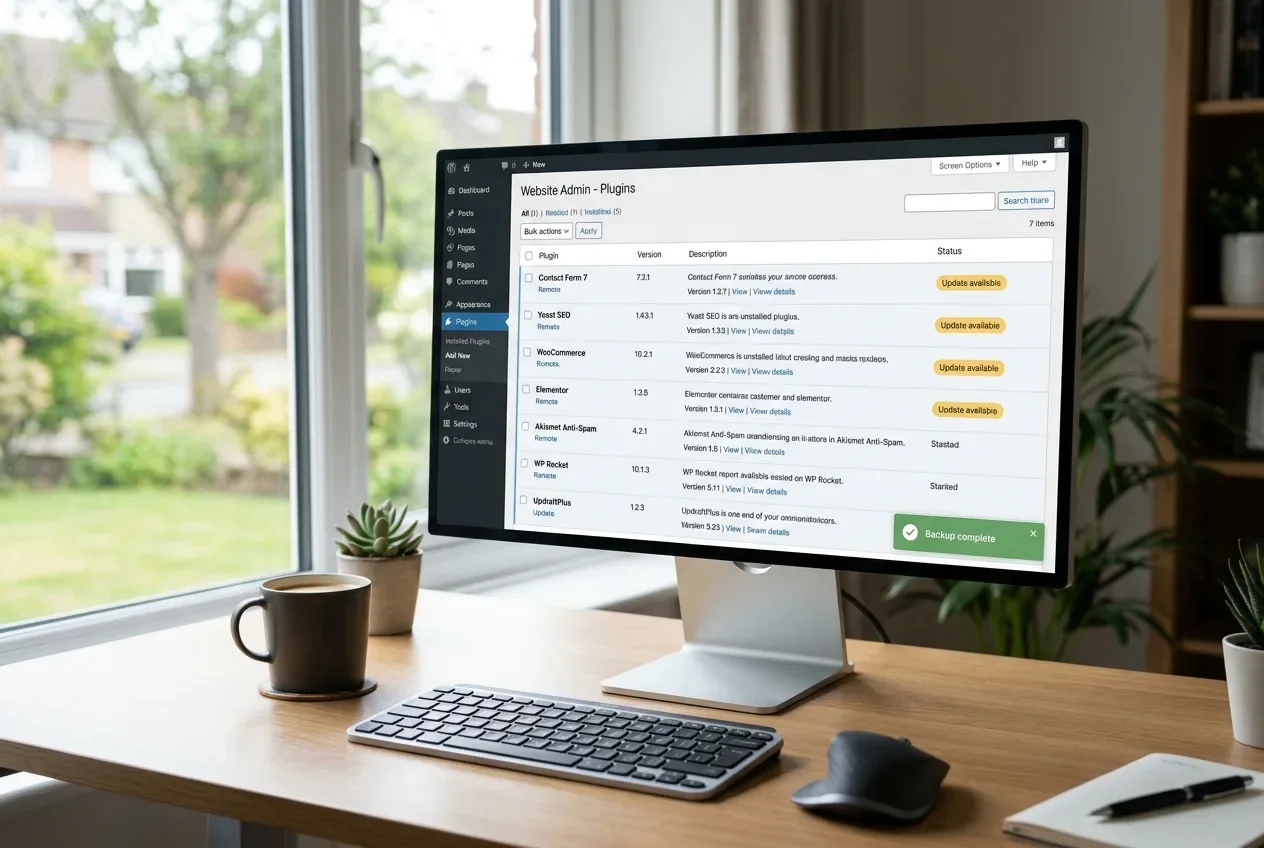 A website admin dashboard listing plugins with update badges, with a 'Backup complete' notification showing.