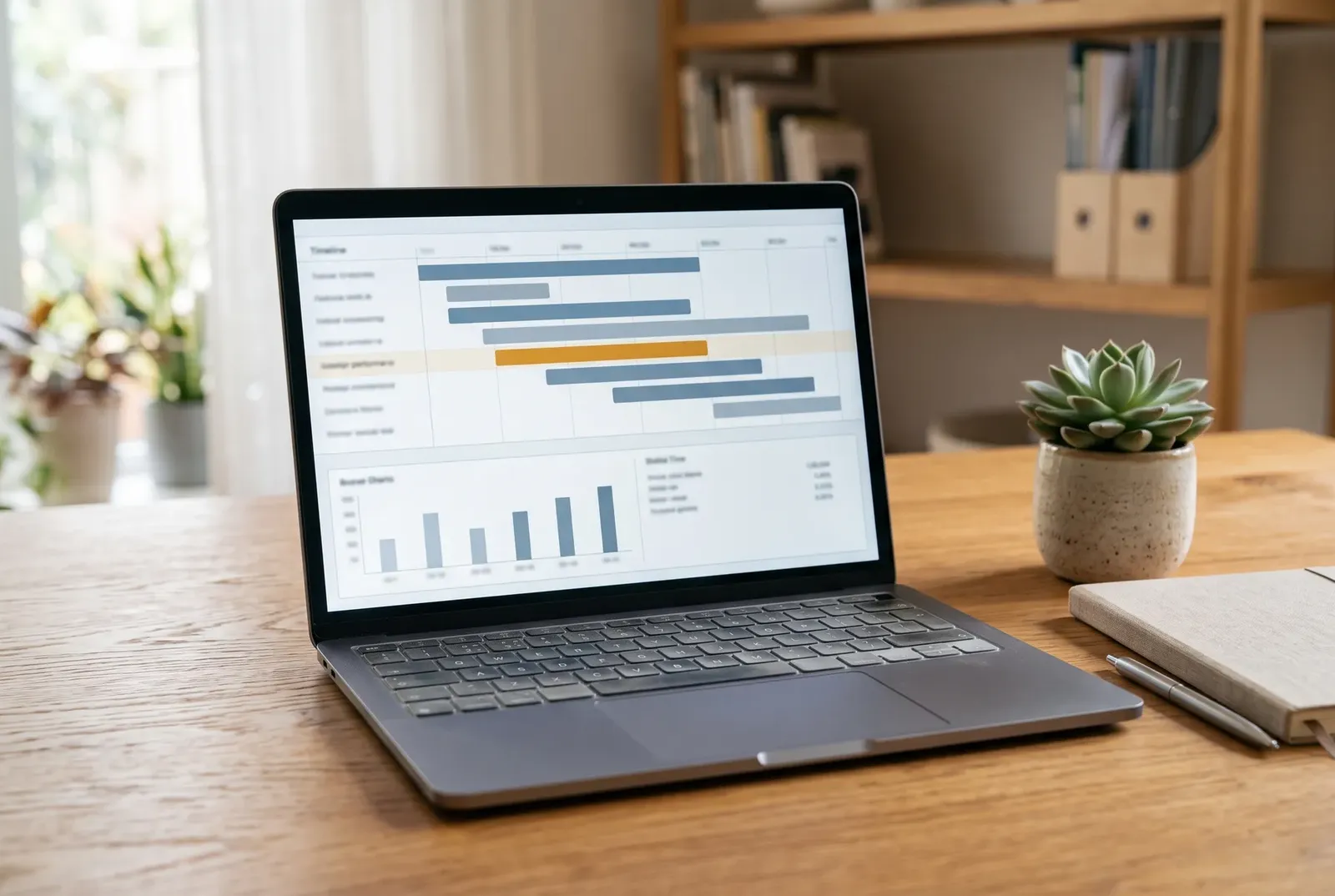 A laptop on a desk showing a performance timeline with several horizontal bars, one of them highlighted in amber, above a small bar chart.