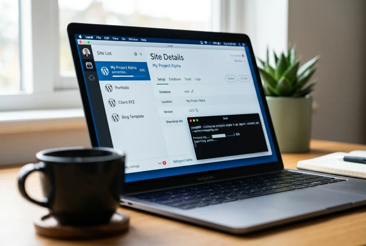 A laptop screen showing a local WordPress development app importing a site, with a terminal panel open beside it.